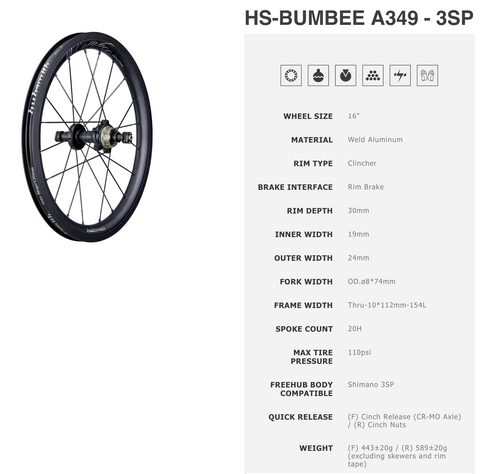 Hubsmith HS-Bumbee A349 3SP Black Wheelset for Brompton Bicycle