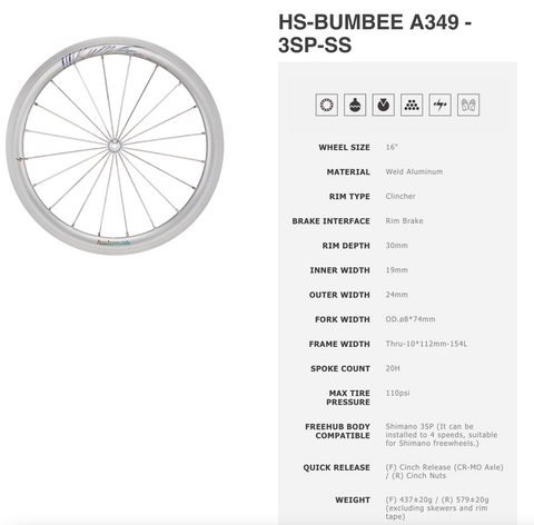 Hubsmith Bumbee A349 3SP-SS Wheelset for Brompton Bicycle