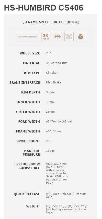 Hubsmith x Ceramicspeed HS-Humbird CS406 Wheelset for Birdy Bicycle